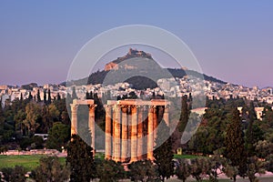 View of the Temple of Olympian Zeus and Mount Lycabettus in the