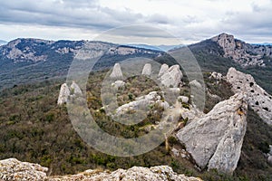 View of Temple of the Sun, Tyshlar rocks from Ilyas-Kaya mountain. Crimea photo