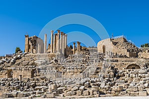 A view of the Temple of Zeus in the ancient Roman settlement of Gerasa in Jerash, Jordan