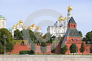 View of the temples of the Moscow Kremlin, sunny September morning. Moscow, Russia