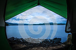 View from tent at lake jocassee camping site