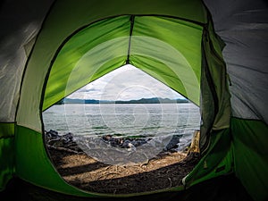 View from tent looking at lake jocassee south carolina in summer