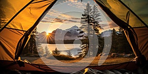 View from tent to beautiful mountain landscape with lake and the dawn sun -, concept of serene nature