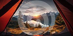 View from tent to beautiful mountain landscape with lake and the dawn sun -, concept of serene nature