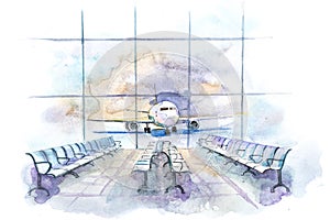 View from the terminal to the takeoff field with airplane. Airport hall interior.