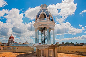 View from the terrace on the building of the Municipality. Observation rotunda with stairs on the roof of the Palace. Cienfuegos,