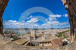 View from the terrace of the medieval Cathedral of Santa Maria of Palma of the roof of the Royal Palace of La Almudaina, Palma de