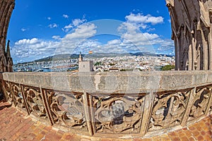 View from the terrace of the medieval Cathedral of Santa Maria of Palma of the roof of the Royal Palace of La Almudaina, Palma de