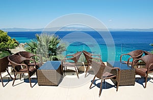 View from the terrace on the turquoise sea in Greece.