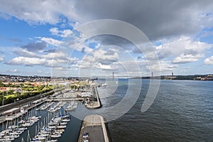 View of the 25th April bridge from the top of the monument to the discoveries in Lisbon