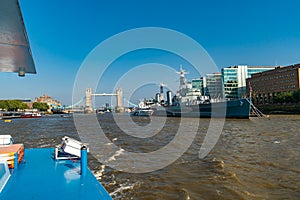 View from the Thames river to the Tower bridge, London, England, UK, GB