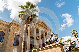 View of the Theater Massimo Vittorio Emanuele with lion statue in Palermo, Sicily