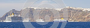 Cruise Ships moored near Thira on the Greek Island of Santorini