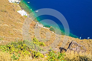 View of Thirasia island coast Aegean Sea Cyclades Greece