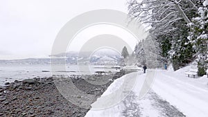 A View of Third Beach covered in snow with pine trees in the background in Vancouver