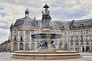 View of the Three Graces Fountain at the Stock Exchange Square in Bordeaux, France