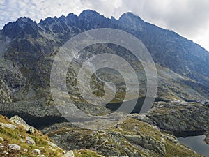 View on three mountain lake Prostredne, Velke and nizne Spisske pleso at the end of the hiking route to the Teryho Chata mountain