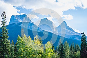 View of Three Sisters Mountain, well known landmark in Canmore, Canada