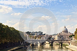 View of the Tiber river, the Elio bridge and St. Peter`s Cathedral