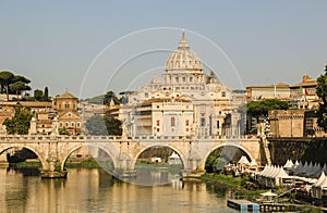 View at Tiber and St. Peter`s cathedral in Rome, Italy