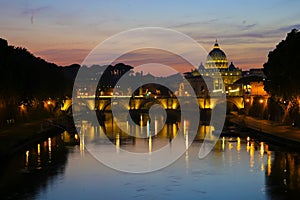 View at Tiber and St. Peters cathedral in Rome, Italy.