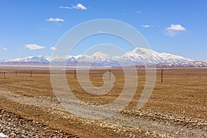View from the Tibetan plateau to Mount Gurla-Mandhata and Lake Manasarovar Mapam Yum Tso photo