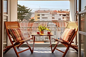 view of a tidy shared balcony with two different style chairs
