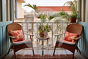 view of a tidy shared balcony with two different style chairs