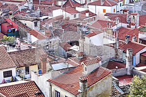 Roofs . View of the tiled roof tops and scenic skyline of the Old Town of Dubrovnik, taken from on top of its