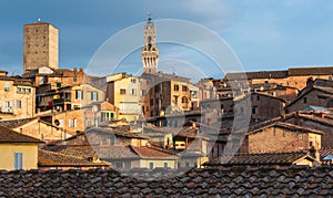 View on tiled roofs of Siena old town with dominating Torre del Mangia of Palazzo Pubblico