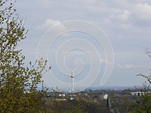 View from the Tippelsberg an  dump in the city of Bochum, in the blurred background to the horizon with Telecommunications tower
