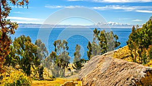 View of Titicaca Lake and Cordillera Real from Island of the Sun - Isla del Sol, Bolivia photo