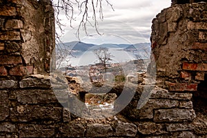 View of the Tivat part of the Bay of Kotor from a ruins on Vrmac mountain, Montenegro