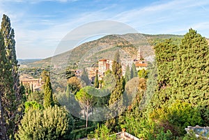 View of Tivoli, garden and Catholic church San Pietro alla Carit from the villa d Este, Italy