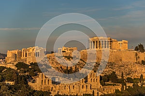 View to Acropolis with Propylaea and The Odeon of Herodes Atticus Theatre. Athens, Greece