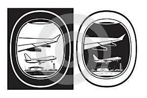 View to airport from window of passenger aircraft by day and night