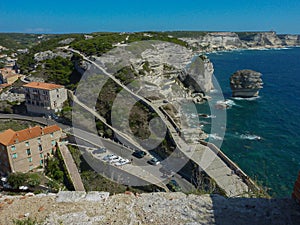 View of to the Aldilonda pedestrian passage, landscape, cliff, and coastaline of Bastia, France