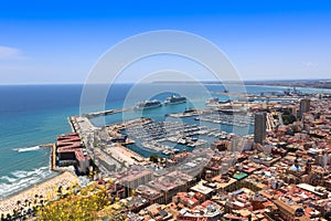 View to Alicante coastline, marina, cruise ship port and city ce