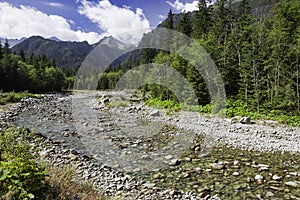 Pohľad do alpského údolia s riekou v národnom parku Vysoké Tatry, Slovensko, HDRI