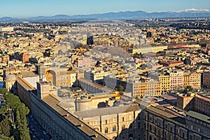 View to amazing cityscape of Rome from the top of dome Saint Peter`s Basilica. Winter morning. Rome. Italy