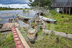 View to Amazon river and traditional boats in the Brazilian Rainforest,