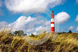 View to the Amrum lighthouse from the dunes