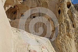 View to ancient carved rock christian church from volcanic tuff in Open-air Museum, Goreme,Cappadocia valley,Turkey,