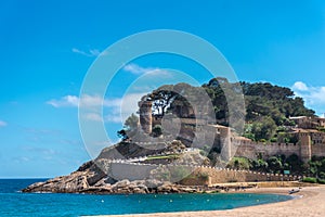 View to ancient castle and the beach in Tossa de Mar, Girona, Costa Brava, Spain