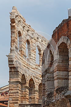 View to ancient Roman amphitheatre converted into arena in the centre of Verona