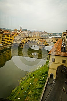 View to the Arno river and old bridge Ponte Vecchio in Florence, Italy