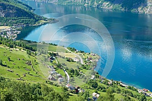 View to the Aurlandsfjord from Stegastein viewpoint in Aurland, Norway.