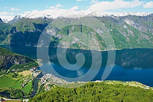 View to the Aurlandsfjord from Stegastein viewpoint, Norway.