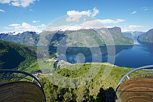 View to the Aurlandsfjord from Stegastein viewpoint, Norway.