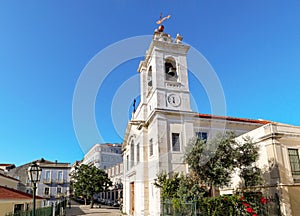 View to the Bairro Alto district in the historic center of Lisbon, traditional church Igreja das Chagas in the old town, Portugal photo